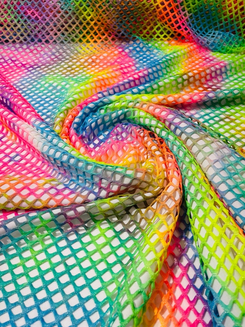 Diamond Fishnet Fabric - Lux Fishnet Diamond Mesh Tie Dye With Silver Glitter 4 Way Stretch Fabric. Sold by Yard. Rainbow