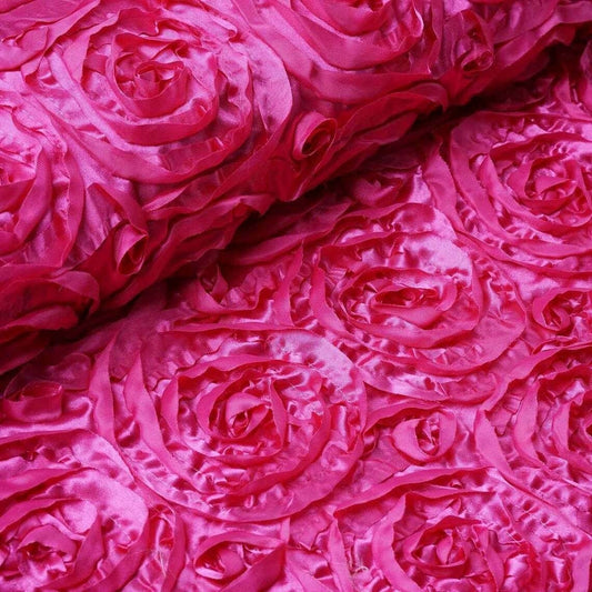 3D Floral Polyester Satin Rosette Fabric By The Yard - FUCHSIA - For Overlay Tablecloth Wedding Party Dining Room Table Linens, Backdrops