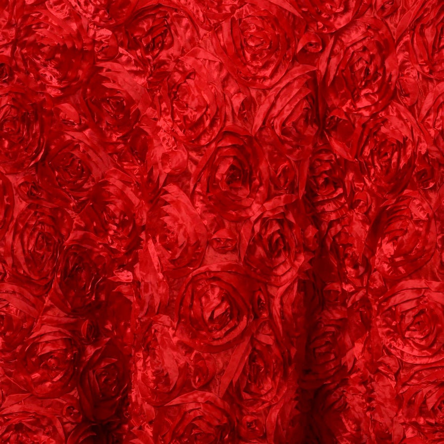 3D Floral Polyester Satin Rosette Fabric By The Yard - APPLE RED - For Overlay Tablecloth Wedding Party Dining Room Table Linens, Backdrops