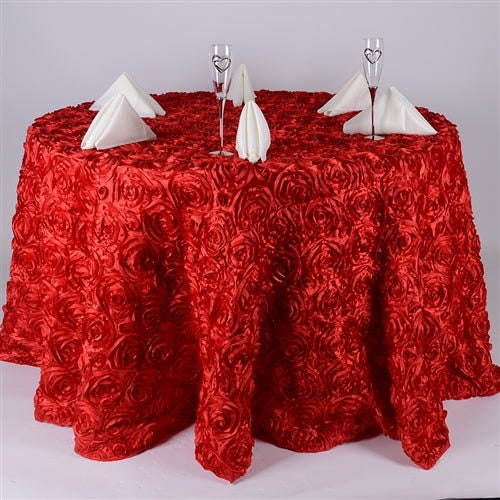 Round Tablecloth - Satin Raised Rosettes Round Tablecloth Wedding Party Dining Room Table Linens - RED - Christmas, Wedding, Bridal