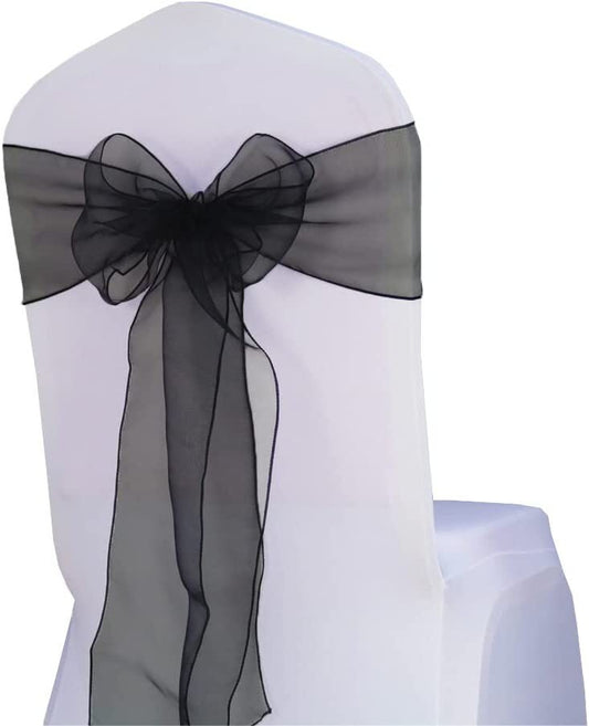 50 Pack - Sheer Organza Chair Sashes for Wedding Decorations Crystal Chairs Bows for Party Banquet Decorative Chiffon Chair Knots Ties Black