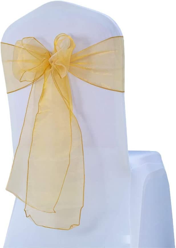 50 Pack - Sheer Organza Chair Sashes for Wedding Decorations Crystal Chairs Bows for Party Banquet Decorative Chiffon Chair Knots Gold