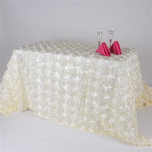 3D Satin Rosette Rectangular Tablecloth - IVORY - Rosette Tablecloth 3D Flowers Satin Overlay for Wedding Reception Table Decoration