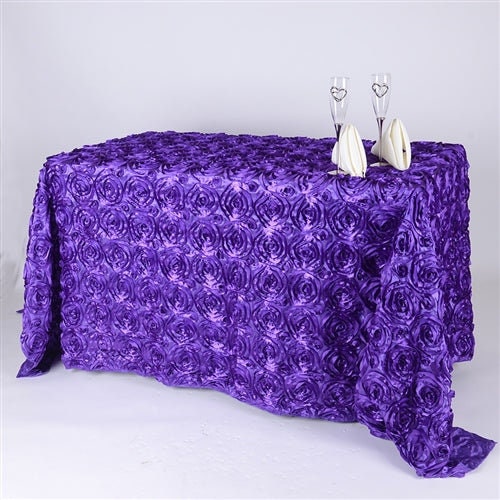 3D Satin Rosette Rectangular Tablecloth - PURPLE - Rosette Tablecloth 3D Flowers Satin Fabric Overlay for Wedding Reception Table Decoration