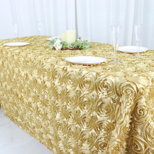 3D Satin Rosette Rectangular Tablecloth - CHAMPAGNE - Rosette Tablecloth 3D Flowers Satin Overlay for Wedding Reception Table Decoration