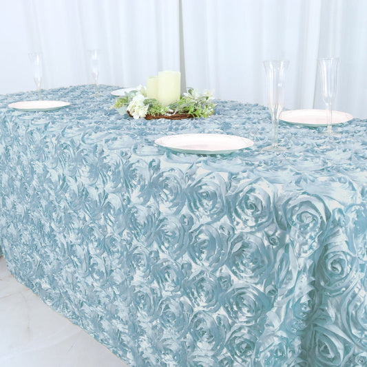 3D Satin Rosette Rectangular Tablecloth - LT BUE - Rosette Tablecloth 3D Flowers Satin Overlay for Wedding Reception Table Decoration