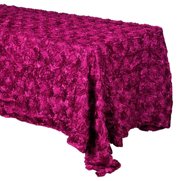 3D Satin Rosette Rectangular Tablecloth - FUCHSIA - Rosette Tablecloth 3D Flowers Satin Overlay for Wedding Reception Table Decoration