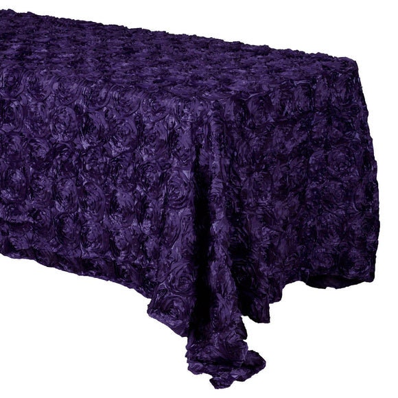 3D Satin Rosette Rectangular Tablecloth - EGGPLANT - Rosette Tablecloth 3D Flowers Satin Overlay for Wedding Reception Table Decoration