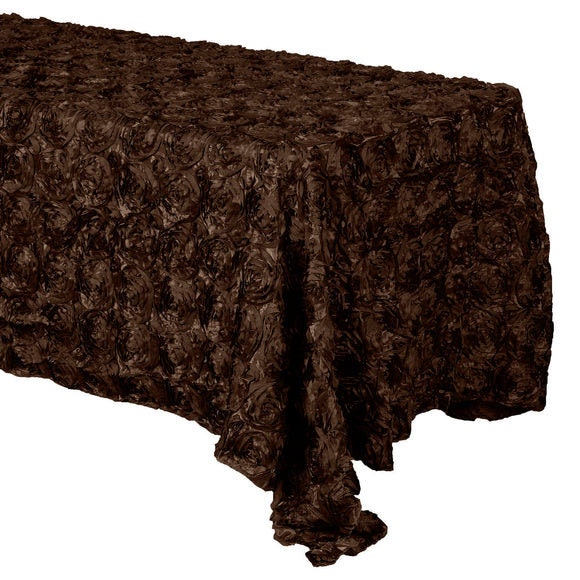 3D Satin Rosette Rectangular Tablecloth - BROWN - Rosette Tablecloth 3D Flowers Satin Overlay for Wedding Reception Table Decoration