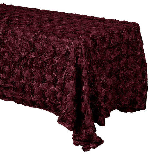 3D Satin Rosette Rectangular Tablecloth - BURGUNDY - Rosette Tablecloth 3D Flowers Satin Overlay for Wedding Reception Table Decoration