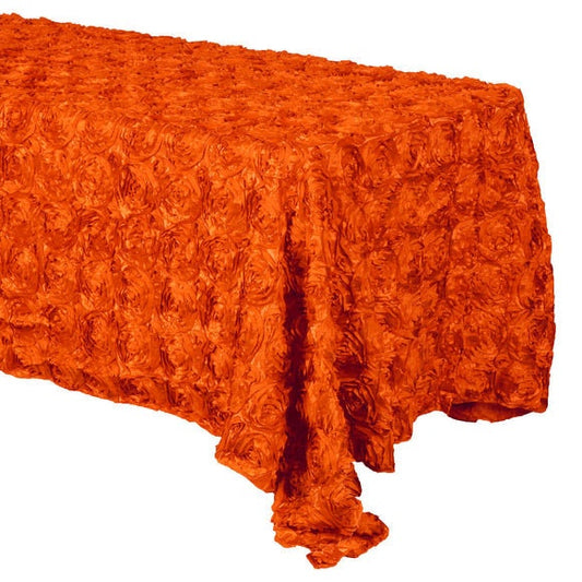 3D Satin Rosette Rectangular Tablecloth - ORANGE - Rosette Tablecloth 3D Flowers Satin Overlay for Wedding Reception Table Decoration