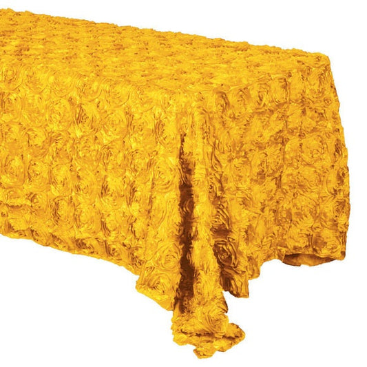 3D Satin Rosette Rectangular Tablecloth - YELLOW - Rosette Tablecloth 3D Flowers Satin Overlay for Wedding Reception Table Decoration