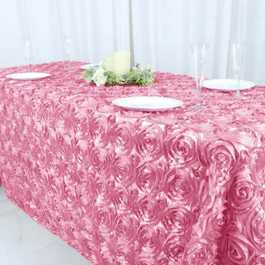 3D Satin Rosette Rectangular Tablecloth - PINK - Rosette Tablecloth 3D Flowers Satin Overlay for Wedding Reception Table Decoration