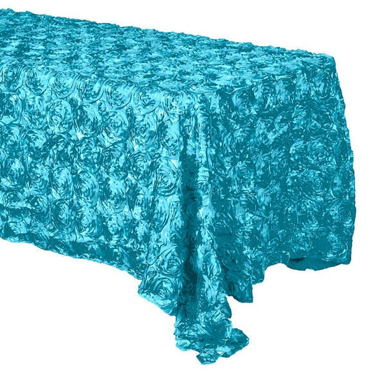 3D Satin Rosette Rectangular Tablecloth - TURQUOISE - Rosette Tablecloth 3D Flowers Satin Overlay for Wedding Reception Table Decoration