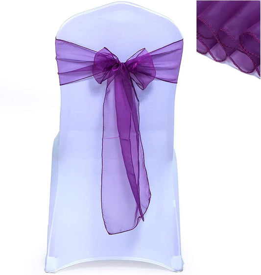 50 Pack - Sheer Organza Chair Sashes for Wedding Decorations Crystal Chairs Bows for Party Banquet Decorative Chiffon Chair Knots Purple