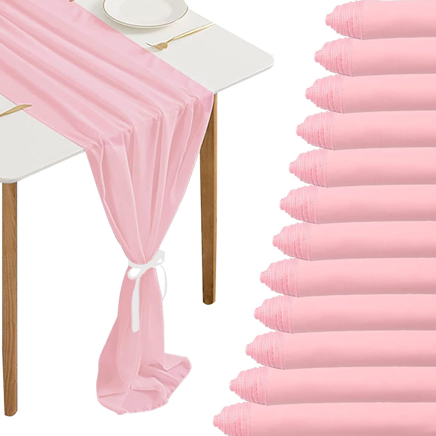 12 Pack - Chiffon Table Runner Elegant Sheer Table Runner 29"X10ft Long Rustic Table Runners for Wedding Bridal Shower Table Lt Pink