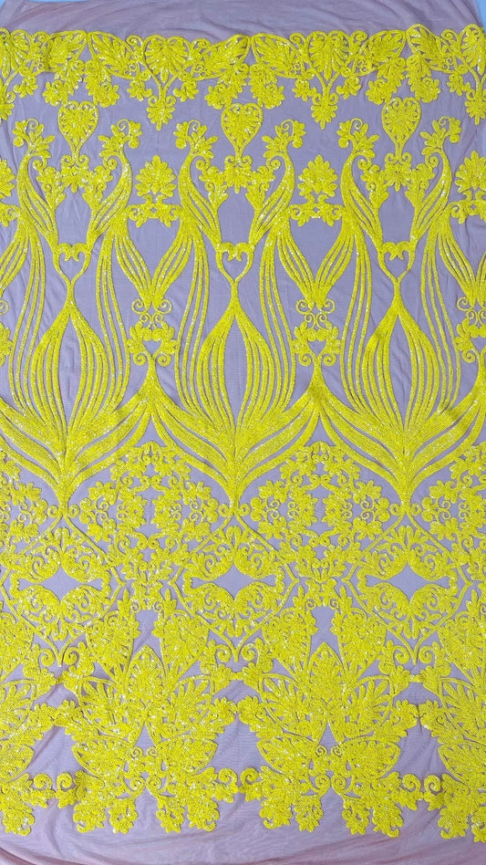 4 Way Stretch Fashion Design with Sequins Embroider on a 4 Way Stretch Mesh Fabric-Sold by The Yard. Yellow/Nude