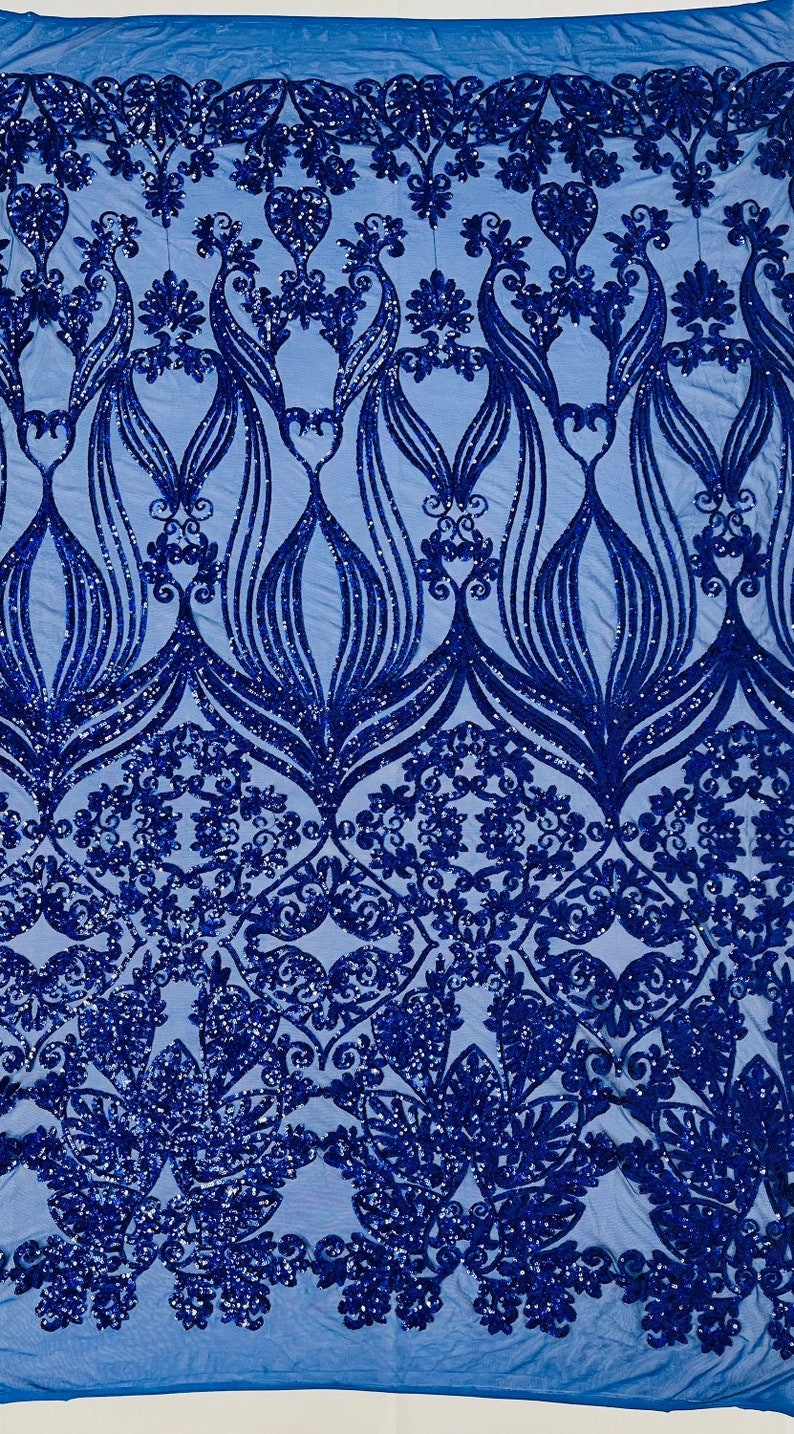 4 Way Stretch Fashion Design with Sequins Embroider on a 4 Way Stretch Mesh Fabric-Sold by The Yard. Royal Blue