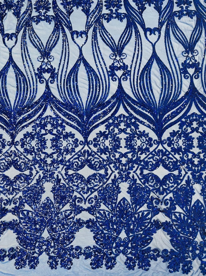 4 Way Stretch Fashion Design with Sequins Embroider on a 4 Way Stretch Mesh Fabric-Sold by The Yard. Royal Blue