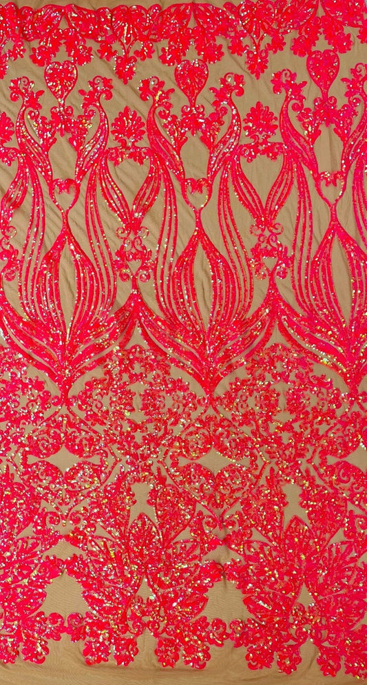 4 Way Stretch Fashion Design with Sequins Embroider on a 4 Way Stretch Mesh Fabric-Sold by The Yard. Hot Pink