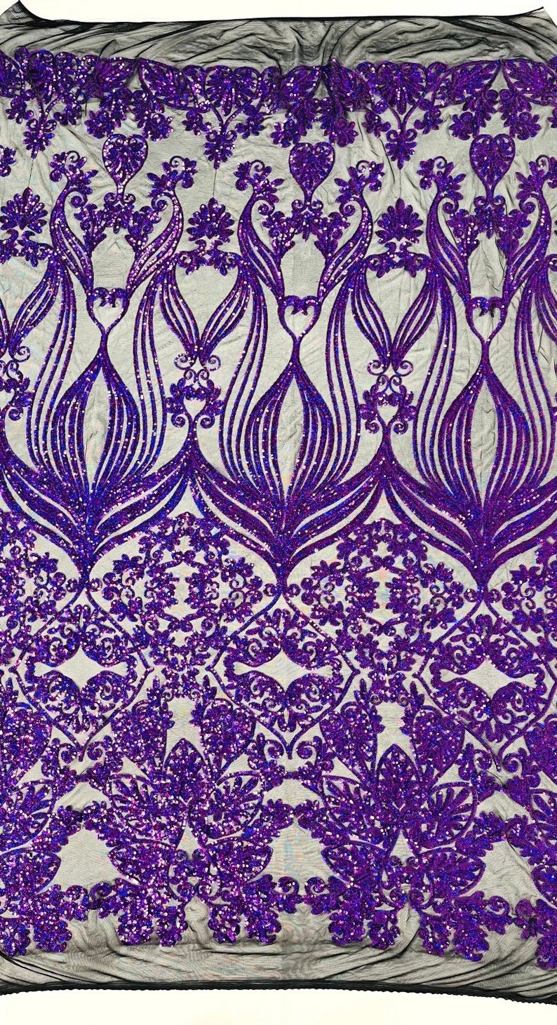 4 Way Stretch Fashion Design with Sequins Embroider on a 4 Way Stretch Mesh Fabric-Sold by The Yard. Purple