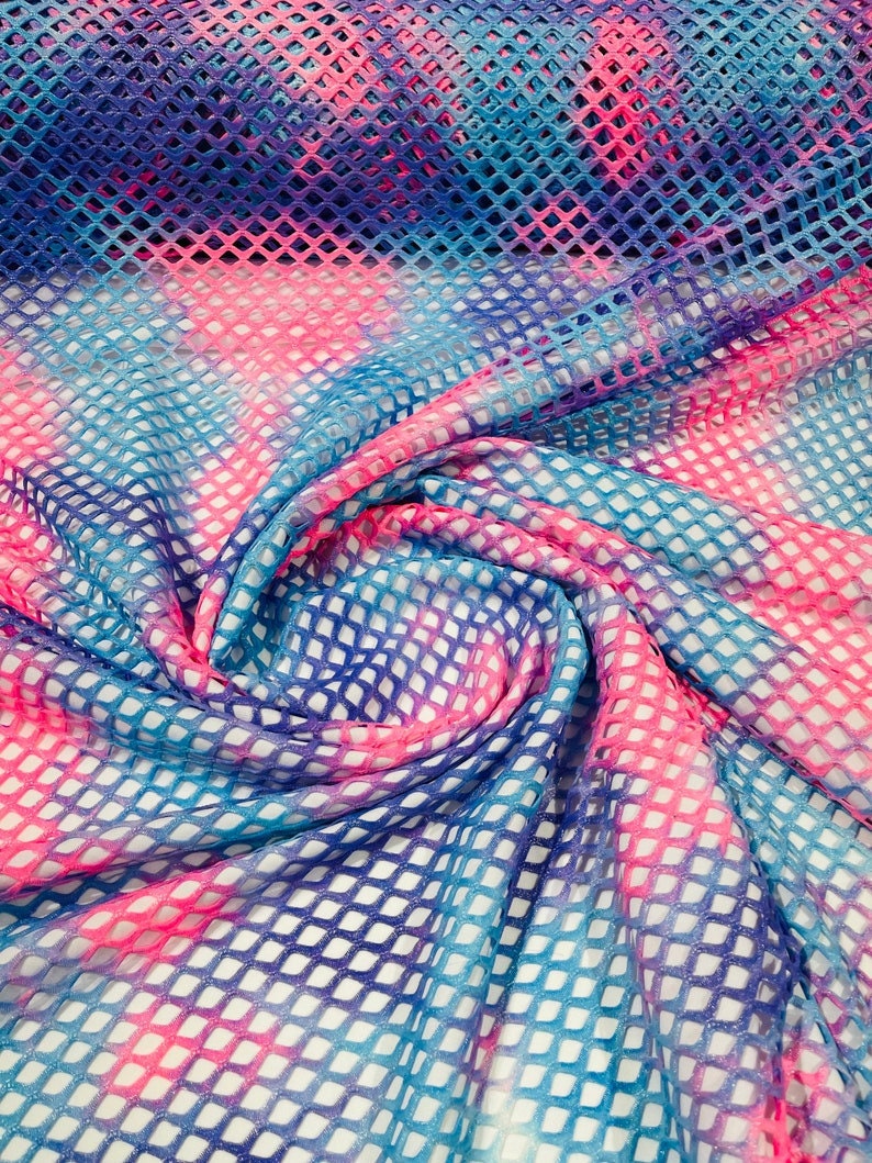 Diamond Fishnet Fabric - Lux Fishnet Diamond Mesh Tie Dye With Silver Glitter 4 Way Stretch 58/60 Inches Wide. Sold by Yard. Hot Pink/Lilac