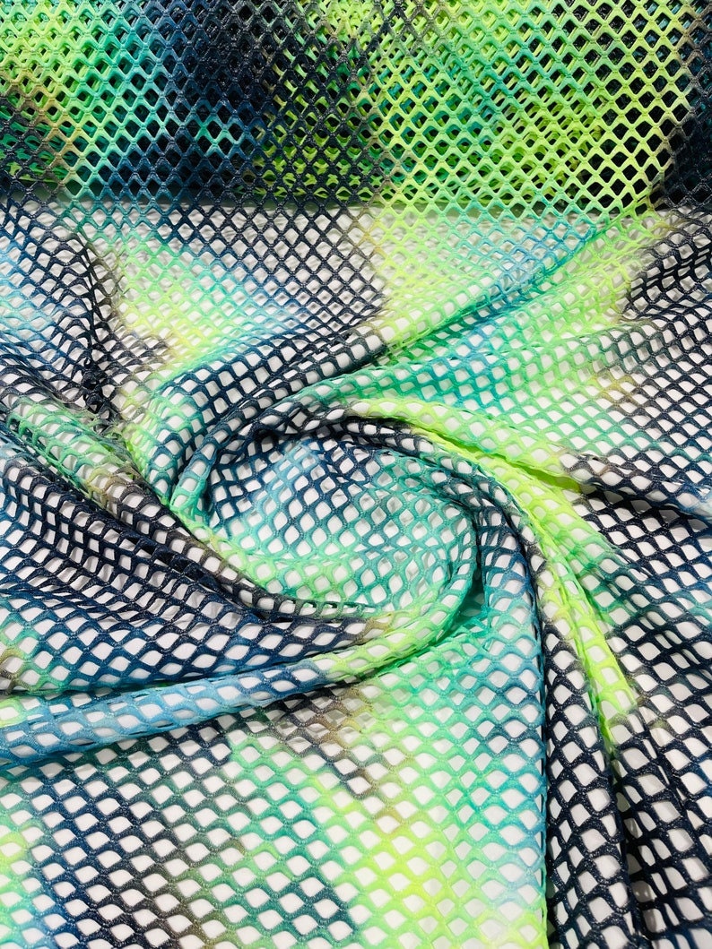 Diamond Fishnet Fabric - Lux Fishnet Diamond Mesh Tie Dye With Silver Glitter 4 Way Stretch Fabric. Sold by Yard. Green/Navy Blue