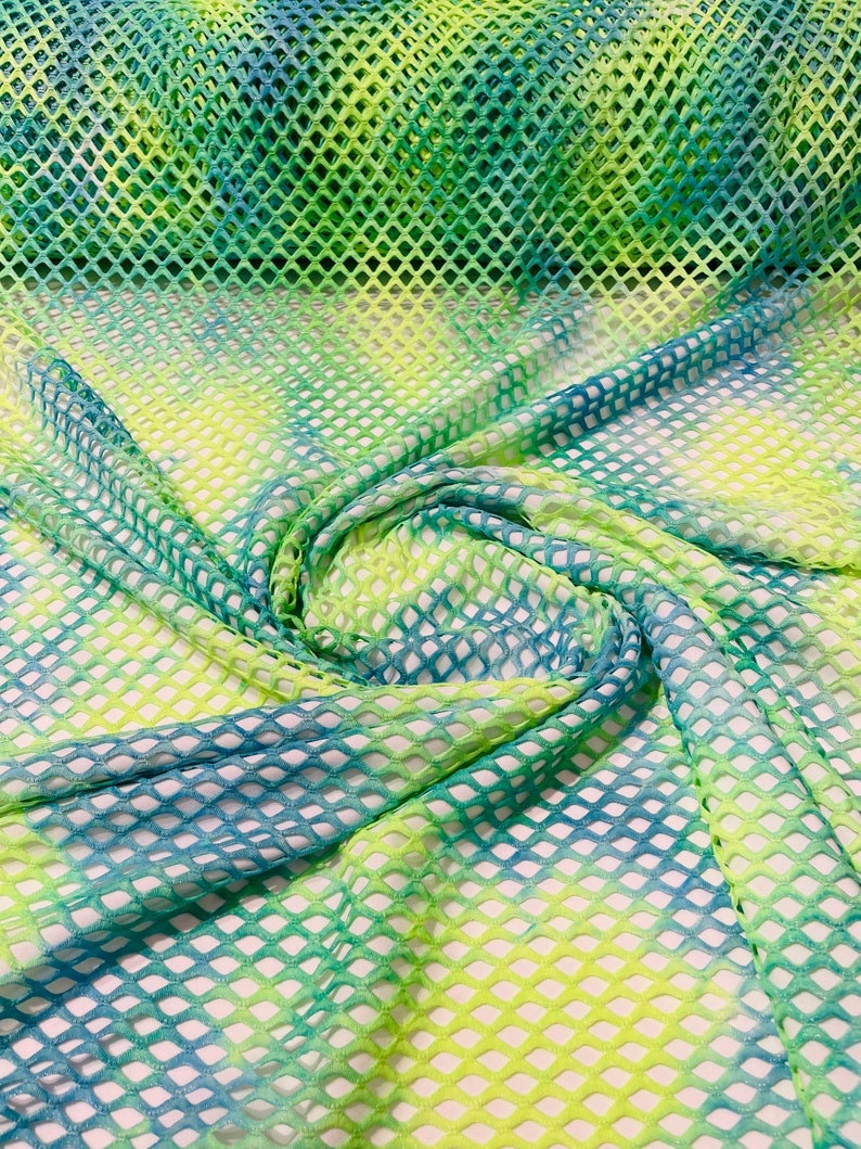 Diamond Fishnet Fabric - Lux Fishnet Diamond Mesh Tie Dye With Silver Glitter 4 Way Stretch Fabric. Sold by Yard. Green/Blue