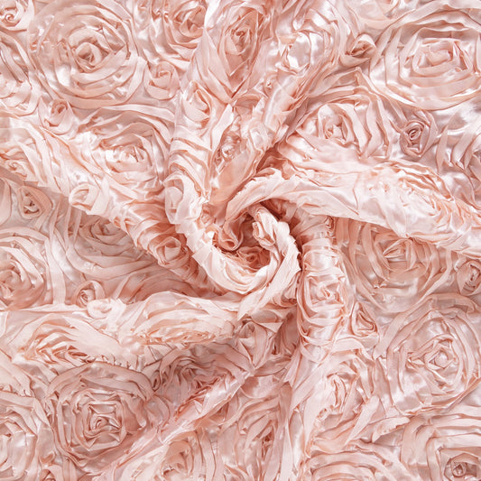 3D Floral Polyester Satin Rosette Fabric By The Yard - BLUSH PINK - For Overlay Tablecloth Wedding Party Dining Room Table Linens, Backdrops