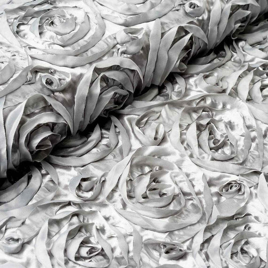 3D Floral Polyester Satin Rosette Fabric By The Yard - SILVER - For Overlay Tablecloth Wedding Party Dining Room Table Linens, Backdrops