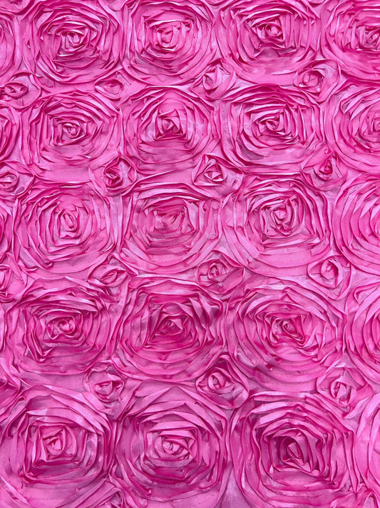 3D Floral Polyester Satin Rosette Fabric By The Yard - CANDY PINK - For Overlay Tablecloth Wedding Party Dining Room Table Linens, Backdrops