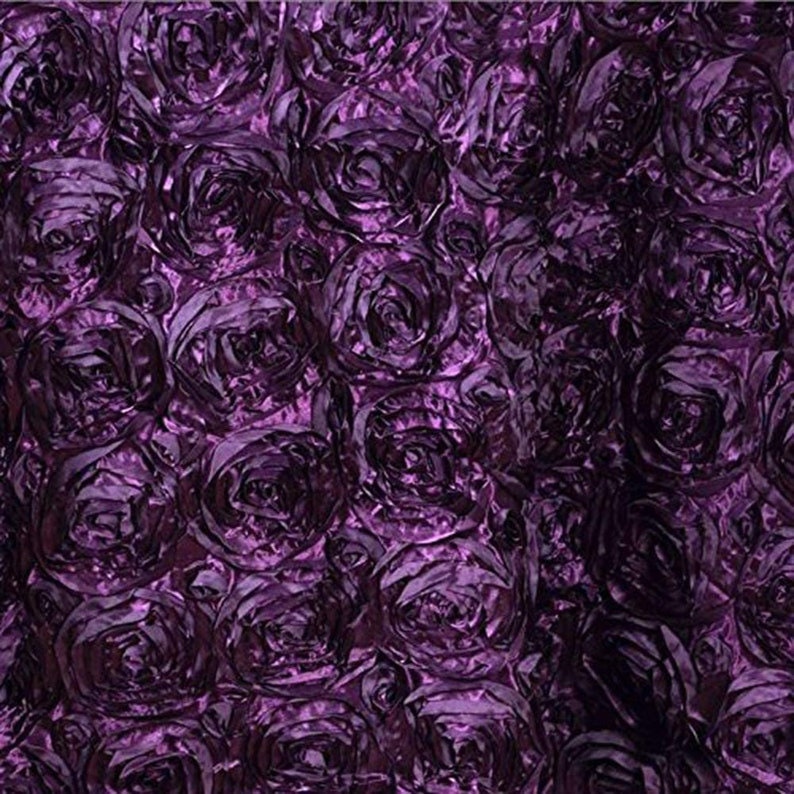 3D Floral Polyester Satin Rosette Fabric By The Yard - EGGPLANT - For Overlay Tablecloth Wedding Party Dining Room Table Linens, Backdrops