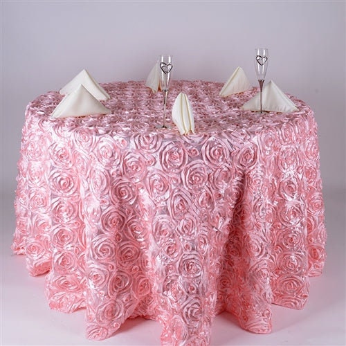 Round Tablecloth - Satin Raised Rosettes Round Tablecloth Wedding Party Dining Room Table Linens - PINK - Christmas, Wedding, Bridal