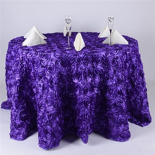 Round Tablecloth - Satin Raised Rosettes Round Tablecloth Wedding Party Dining Room Table Linens - PURPLE  - Christmas, Wedding, Bridal