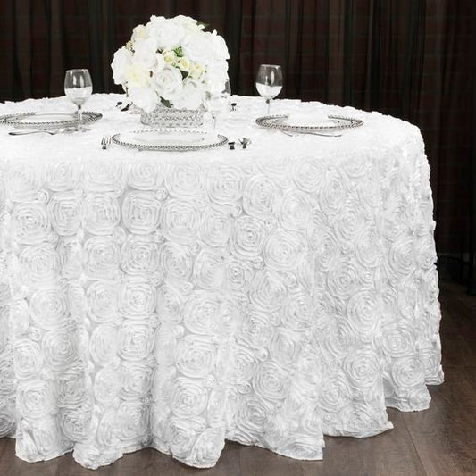 Round Tablecloth - Satin Raised Rosettes Round Tablecloth Wedding Party Dining Room Table Linens - WHITE - Christmas, Wedding, Bridal