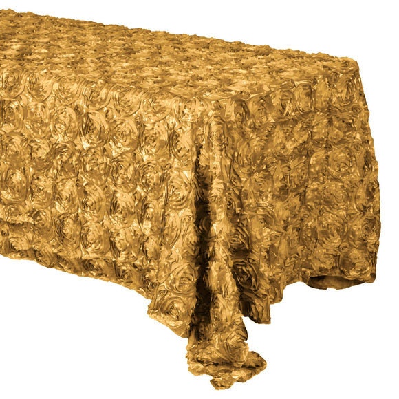 3D Satin Rosette Rectangular Tablecloth - GOLD - Rosette Tablecloth 3D Flowers Satin Overlay for Wedding Reception Table Decoration