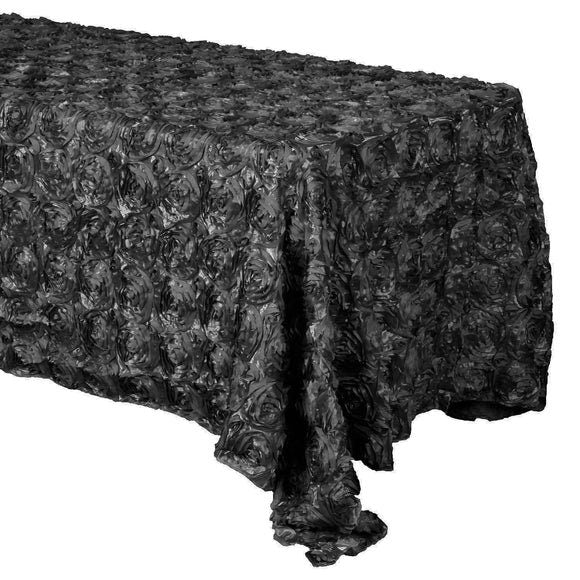 3D Satin Rosette Rectangular Tablecloth - BLACK - Rosette Tablecloth 3D Flowers Satin Overlay for Wedding Reception Table Decoration