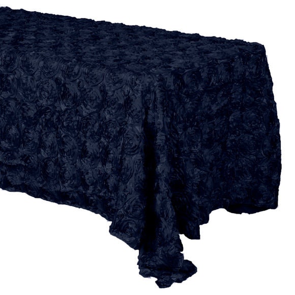 3D Satin Rosette Rectangular Tablecloth - NAVY - Rosette Tablecloth 3D Flowers Satin Overlay for Wedding Reception Table Decoration