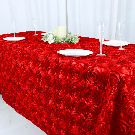 3D Satin Rosette Rectangular Tablecloth - RED - Rosette Tablecloth 3D Flowers Satin Overlay for Wedding Reception Table Decoration