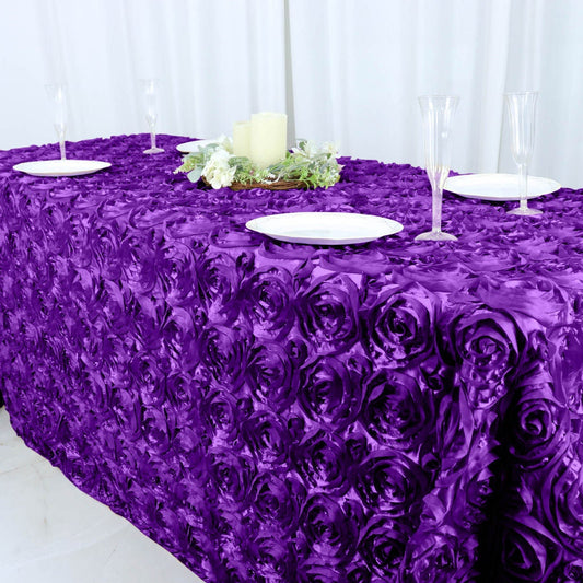 3D Satin Rosette Rectangular Tablecloth - PURPLE - Rosette Tablecloth 3D Flowers Satin Fabric Overlay for Wedding Reception Table Decoration