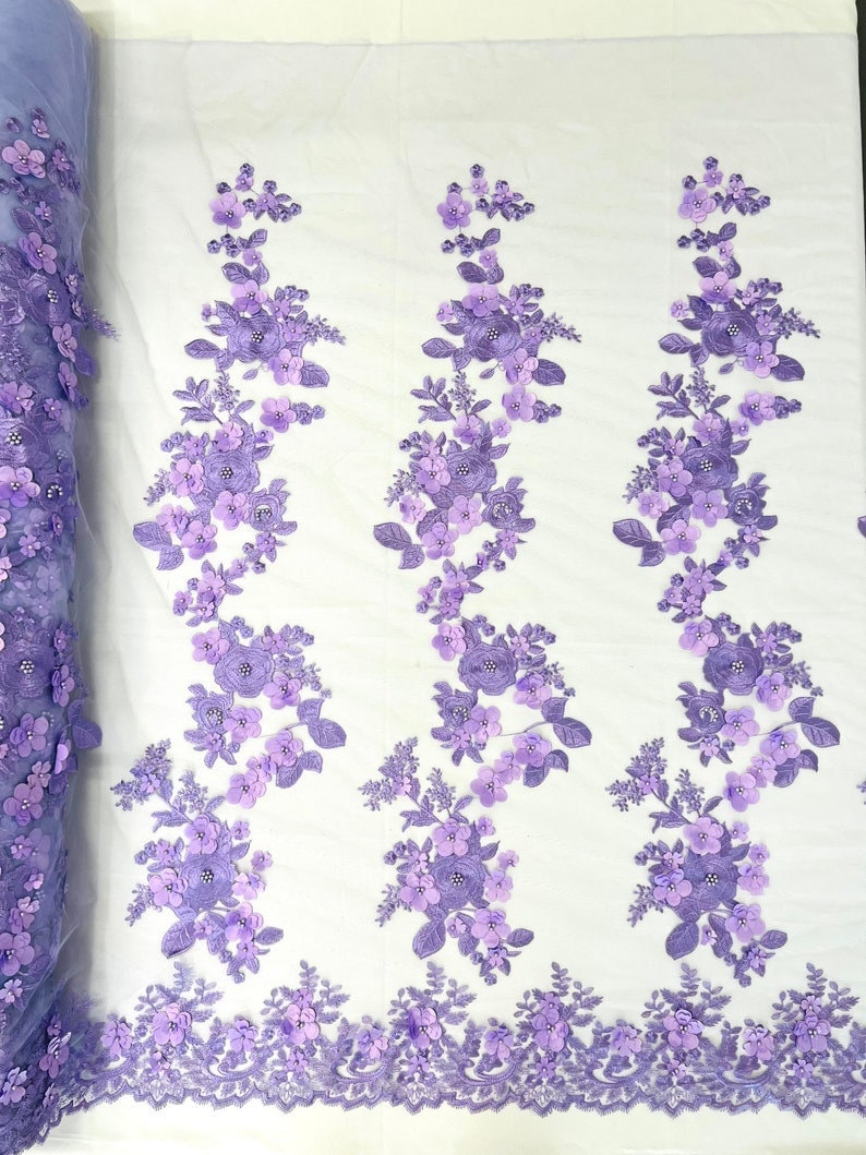 3D Floral Design Embroider and Beaded With Rhinestones On a Mesh Lace. Sold By Yard - LAVENDER -  For Bridal Weddings Prom & Quinceanera