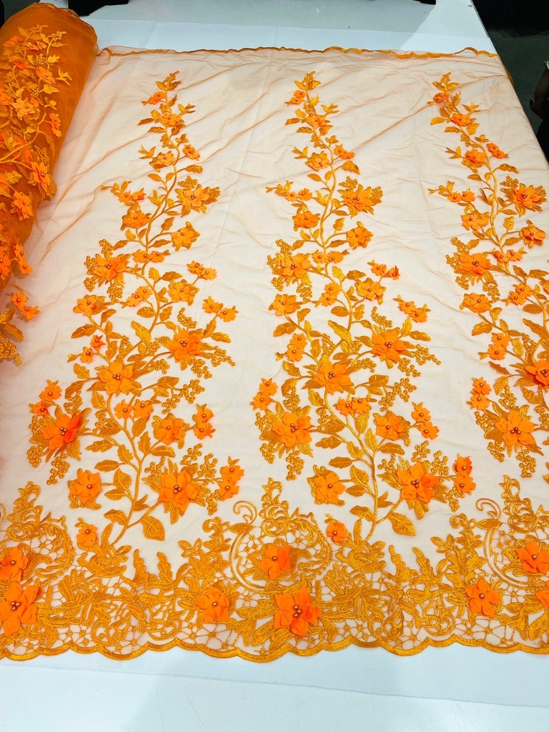 3D Floral Design Embroider and Beaded With Rhinestones On a Mesh Lace. Sold By Yard - ORANGE -  For Bridal Weddings Prom & Quinceanera