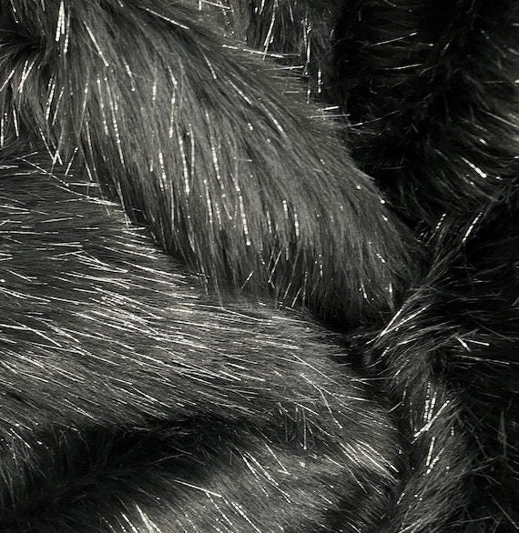 TINSEL - Faux Fur Fabric Long Pile Sparkling Tinsel - BLACK - Sold By Yard- For Blankets Fashion Clothing Coats - Scarfs Rugs Crafts Decor