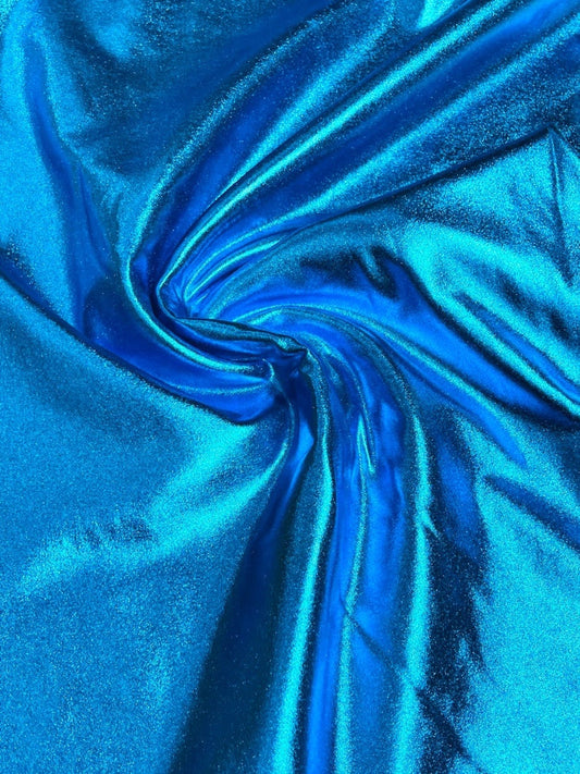 METALLIC FOIL - Stretch Lightweight Knit Jersey Polyester Spandex Fabric By The Yard - TURQUOISE - For Scrunchies Clothes Costumes Crafts