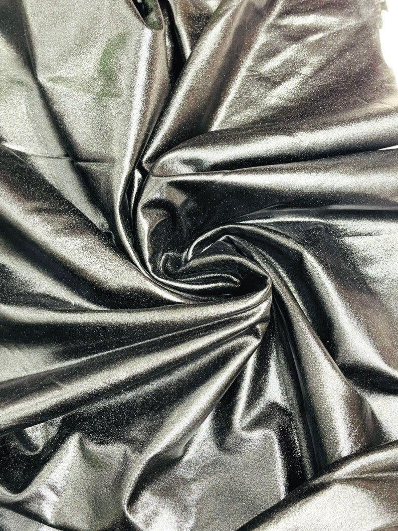 METALLIC FOIL - Stretch Lightweight Knit Jersey Polyester Spandex Fabric By The Yard - BLACK  - For Scrunchies Clothes Costumes Crafts