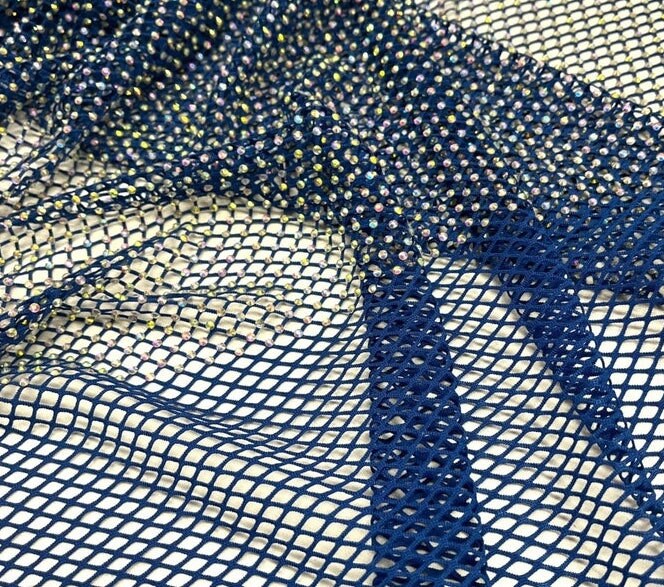 RHINESTONES - High Fashion - Rhinestones On Soft Stretch Fish Net Fabric 45" Wide -Sold by The Yard. Royal Blue