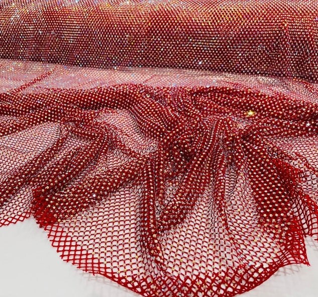 RHINESTONES - High Fashion - Rhinestones On Soft Stretch Fish Net Fabric 45" Wide -Sold by The Yard. Red