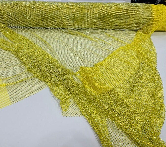 RHINESTONES - High Fashion - Rhinestones On Soft Stretch Fish Net Fabric 45" Wide -Sold by The Yard. Yellow