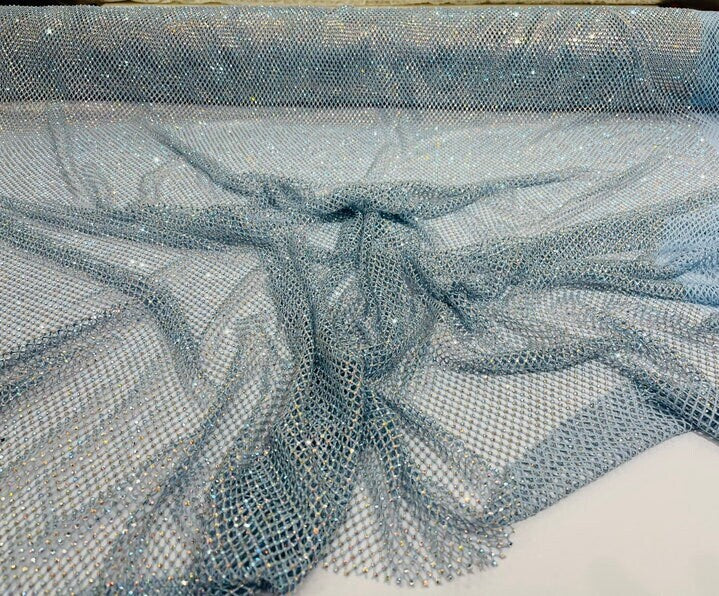 RHINESTONES - High Fashion - Rhinestones On Soft Stretch Fish Net Fabric 45" Wide -Sold by The Yard. Light Blue