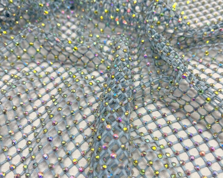 RHINESTONES - High Fashion - Rhinestones On Soft Stretch Fish Net Fabric 45" Wide -Sold by The Yard. Light Blue